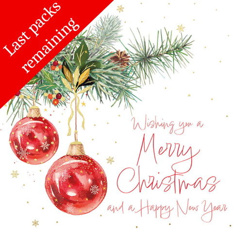 Red Baubles Hanging from a Branch charity Christmas cards (Single pack)
